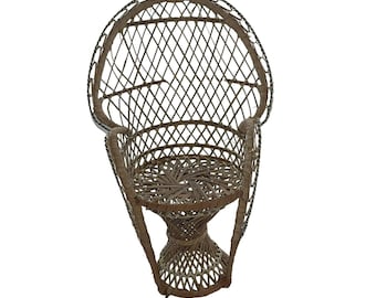 Vtg Wicker Peacock Fan Back Rattan Chair for 18” Doll Plant Stand Boho Decor
