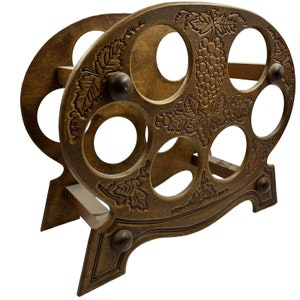 Vintage Carved Wood Wine Bottle Rack Holder Display Holds 6 Grapes Grapevine 80s