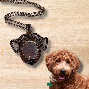 Wire Wrap Puppy - Sunstone, Topaz & Black Agate Pitbull Chocolate Lab Dog Pendant Necklace or