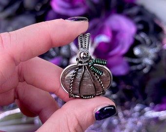 Wire Wrap Pumpkin - Rainbow Lattice Black Moonstone & Hematite Halloween Pumpkin Pendant Necklace