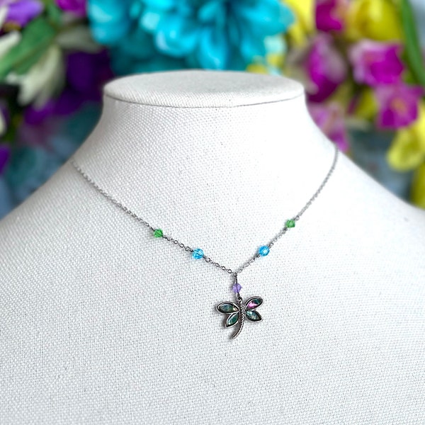 Dragonfly Necklace - Wire Wrap Abalone Dragonfly Necklace with Czech Glass Beads