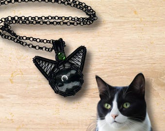Wire Wrap Tuxedo Cat - Zebra Jasper Kitty Pendant Necklace Circle shape, MADE-TO-ORDER