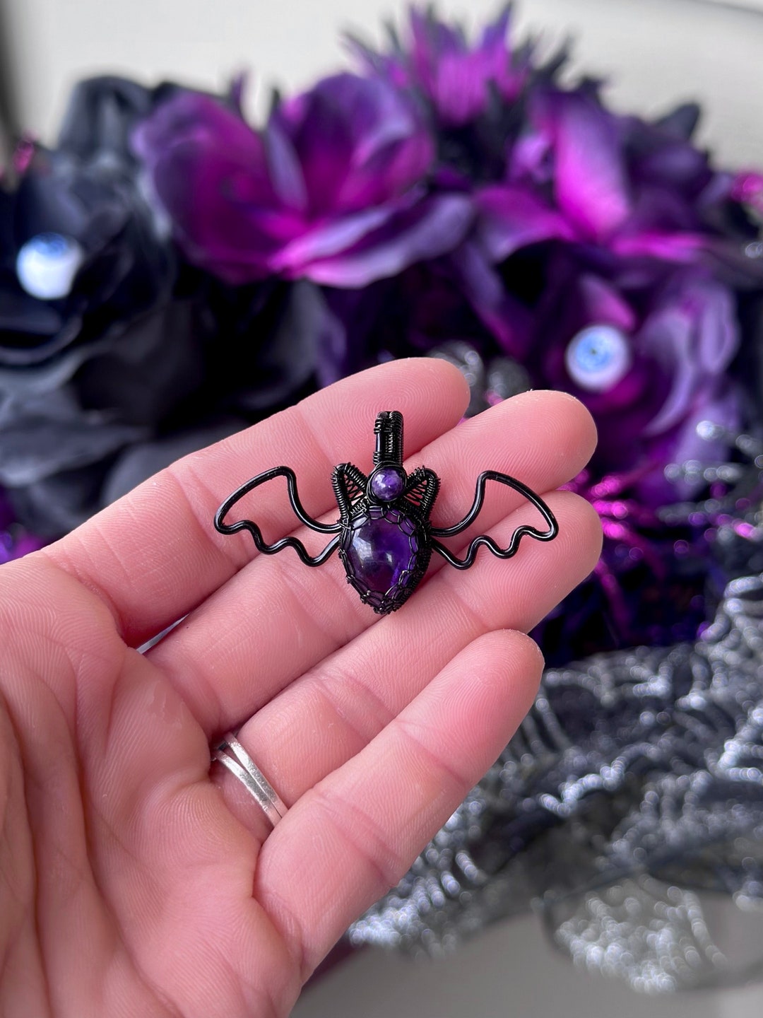 Wire Wrap Bat Amethyst Halloween Bat Pendant Necklace, MADE-TO-ORDER ...