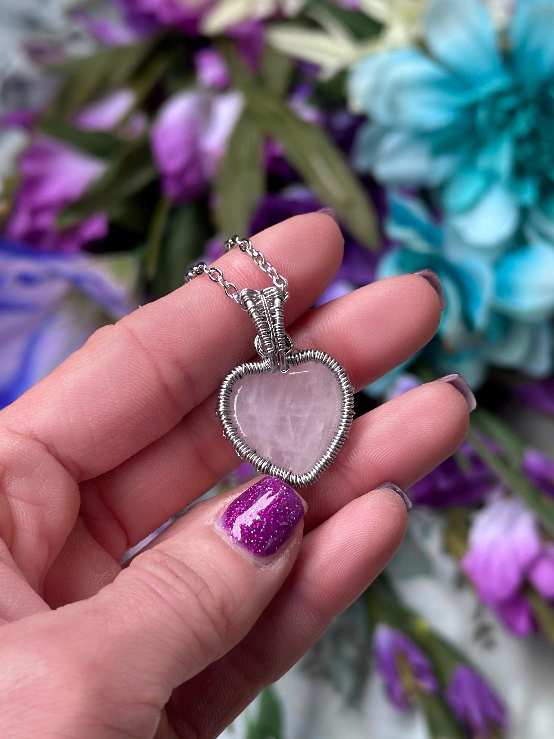 Gold Necklace Pink Gem Heart Necklace Wire Wrap Heart Rose Quartz