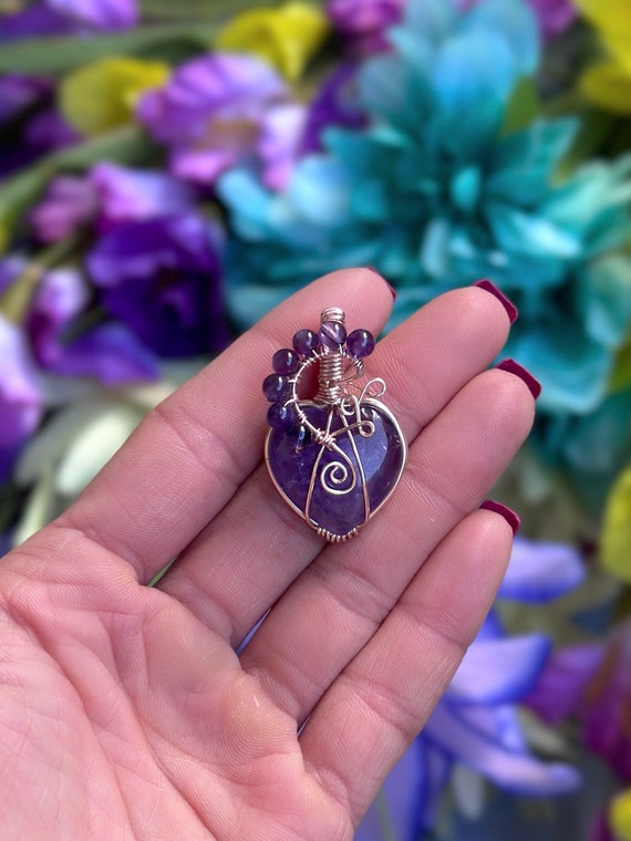 Wire Wrap Heart Amethyst Heart Pendant, Crystal Heart Necklace