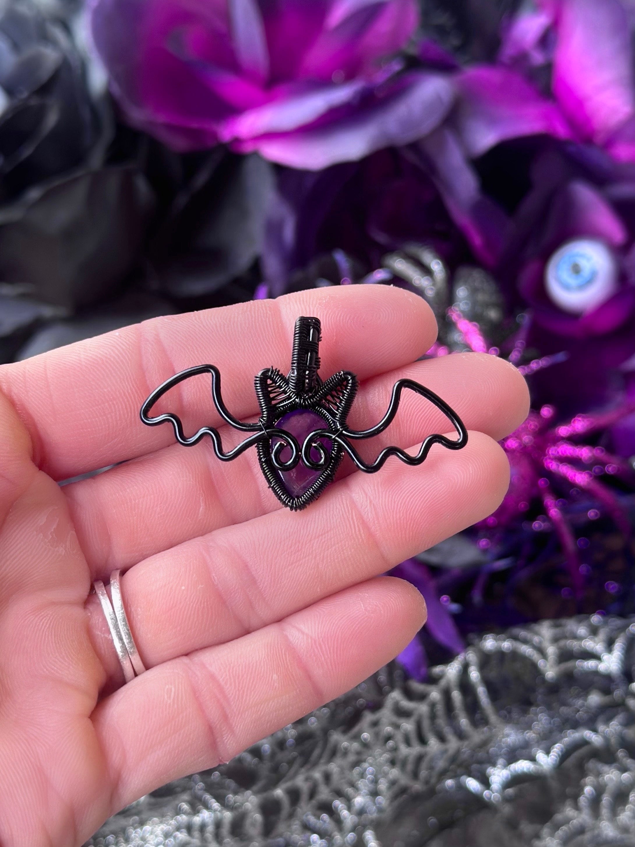 Wire Wrap Bat Amethyst Halloween Bat Pendant Necklace, MADE-TO-ORDER ...
