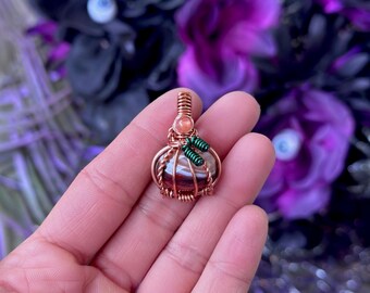 Wire Wrap Pumpkin - Carnelian Agate Halloween Pumpkin Pendant Necklace