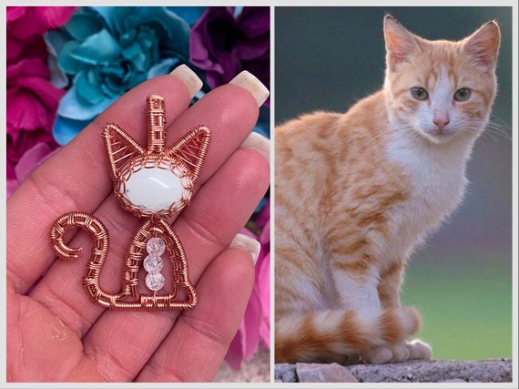 Wire Wrap Cat Howlite Crackle Quartz Orange white Cream Kitty