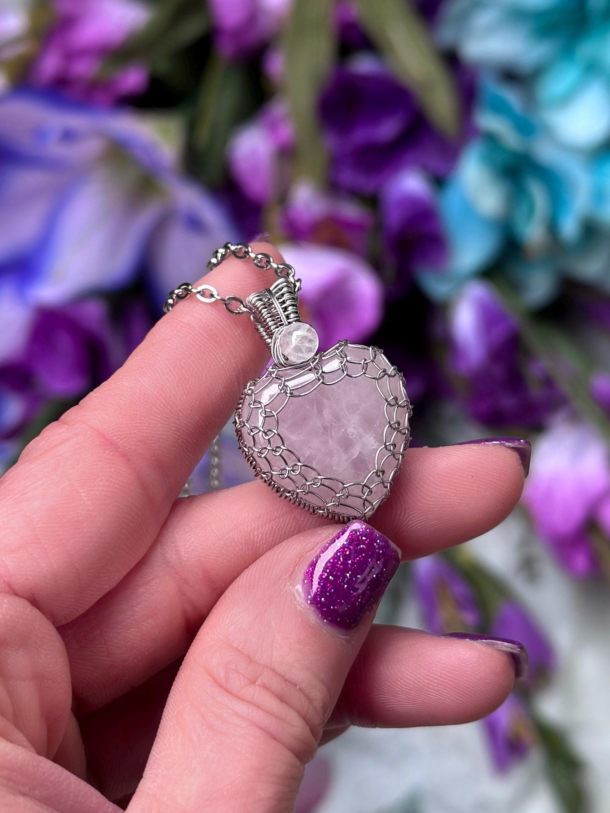 Wire Wrap Heart - Rose Quartz Pink Heart Pendant in Stainless Steel, Crystal Heart Necklace MADE-TO-ORDER