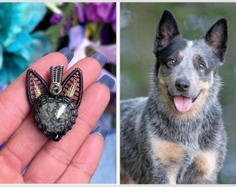 Wire Wrap Blue Heeler - Grey Jasper, Topaz & Agate Australian Cattle Dog Pendant Necklace MADE-TO-ORDER