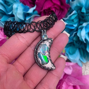 Wire Wrap Moon Choker - Galaxy Opal & Angel Aura Moon Pendant on Stretch Choker, Witchy Choker, MADE-TO-ORDER