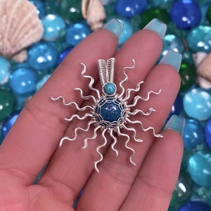 Wire Wrap Sun - Apatite & Turquoise Summer Sun Pendant Necklace, Crystal Sun Pendant, Gift for Her