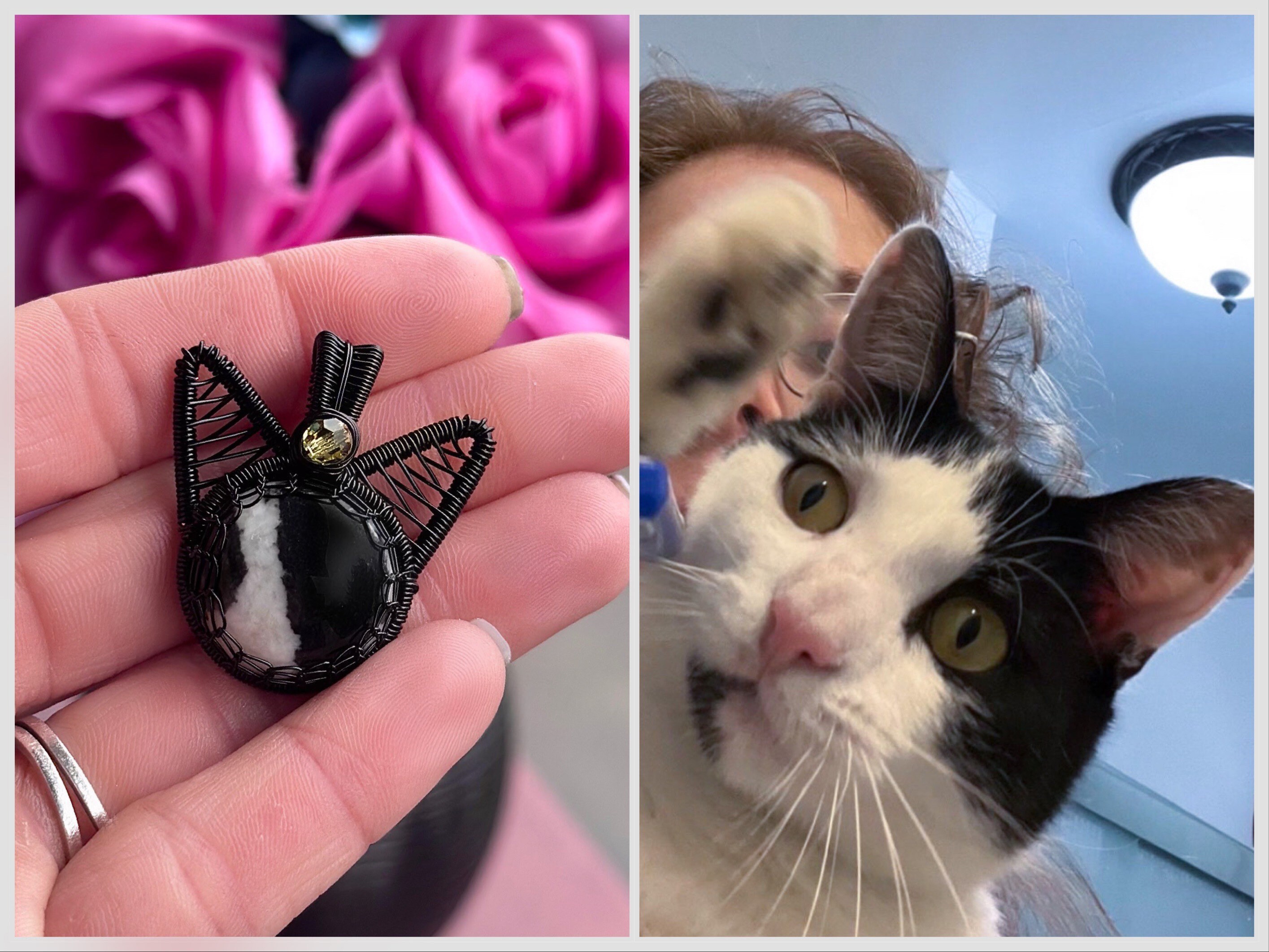 Wire Wrap Tuxedo Cat - Zebra Jasper Kitty Pendant Necklace