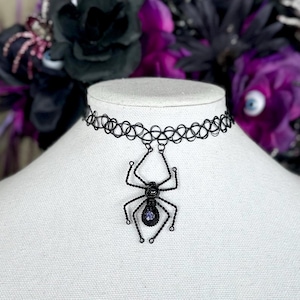 Wire Wrap Spider Choker - Blue Goldstone & Hematite Halloween Spider Pendant Necklace