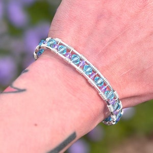 Wire Wrap Bracelet - Purple & Turquoise Czech Glass Wire Wrapped Beaded Bangle Bracelet