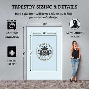 The image is a detailed description of a tapestry, including its size, machine washable feature, easy hanging loops, and dry safety. It also features a woman posing next to the tapestry, providing a visual representation of the tapestry's design and dimensions.