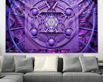 May include: Purple and violet tapestry with a geometric design. The artwork features a central Metatron's Cube, surrounded by circles, spheres, and lines. The tapestry is hanging on a wall above a gray sofa. The text "@lightwizard" is visible in the lower left corner.