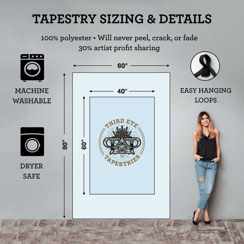 May include: A light blue tapestry with the text "THIRD EYE TAPESTRIES" and a logo. The tapestry is 60 inches wide and 90 inches long. It is machine washable and dryer safe. It has easy hanging loops.