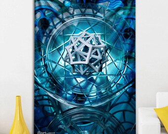 May include: A large, abstract wall tapestry with a geometric design in shades of blue and white. The artwork features a central, three-dimensional star-like structure within a circular frame, set against a backdrop of intricate patterns. The artist's signature, "lightwizard", is visible at the bottom.