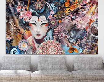 Gobelin „Tęczowa gejsza” z Androidem Jonesem autorstwa Third Eye Tapestries