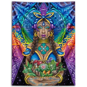 May include: A vibrant tapestry featuring a woman with intricate details and a colorful, psychedelic design. The artwork showcases a woman with braids, holding a basket of plants and mushrooms. The color palette includes blues, purples, oranges, and greens.