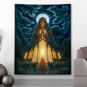 May include: A tapestry featuring a celestial scene with a woman in prayer beneath a full moon. The artwork depicts a building with arched windows and a red carpet leading to a bright light, set against a dark blue sky with clouds.