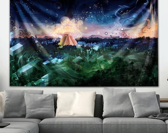 May include: A tapestry featuring a vibrant, surreal landscape. The artwork depicts a pyramid structure illuminated by a bright light, set against a backdrop of a starry sky and a lush, green forest. The color palette includes blues, greens, and oranges.