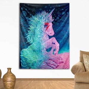 May include: A large tapestry featuring a colorful unicorn design. The unicorn is depicted in shades of pink, blue, and green, with a lightning bolt on its face. The background is a swirling pattern of blues and dark colors.