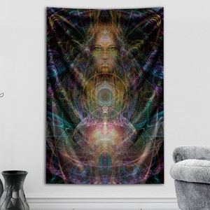 May include: A tapestry featuring a detailed, abstract design with a central figure. The artwork uses a complex network of lines and shapes in shades of gold, teal, purple, and pink against a black background. The overall theme is spiritual or psychedelic.