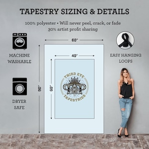 The image is a detailed description of a tapestry, including its size, machine washable feature, easy hanging loops, and dry safety. It also features a woman posing next to the tapestry, providing a visual representation of the tapestry's design and dimensions.