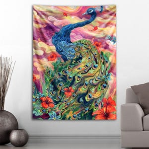 May include: A vibrant tapestry featuring a peacock with a long, curved blue neck and a colorful tail. The artwork includes red hibiscus flowers, blue accents, and a background of swirling pink, purple, and yellow hues. The tapestry is a decorative wall hanging.