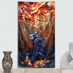 May include: A tapestry featuring a seated chimpanzee with a contemplative expression, set against a fiery, swirling background of red and orange hues. The artwork includes a scattering of autumn leaves at the base, creating a surreal and artistic scene.