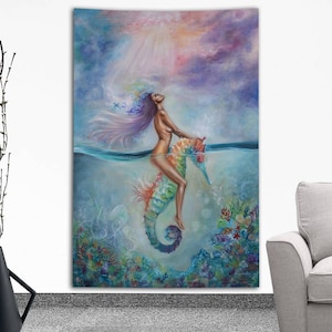 May include: A tapestry featuring a vibrant painting of a woman riding a colorful seahorse underwater. The artwork showcases a serene scene with a woman with long purple hair, surrounded by coral and marine life, under a bright sky.