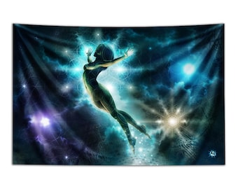 May include: A tapestry featuring a celestial scene with a figure in a flowing pose. The artwork showcases a woman-like silhouette in shades of green and gold, set against a backdrop of swirling blues, purples, and bright white light.