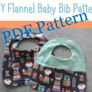 May include: Two baby bibs, one is teal green and the other is black with a colorful fox and owl print. The text "PDF Pattern" is superimposed on the image.
