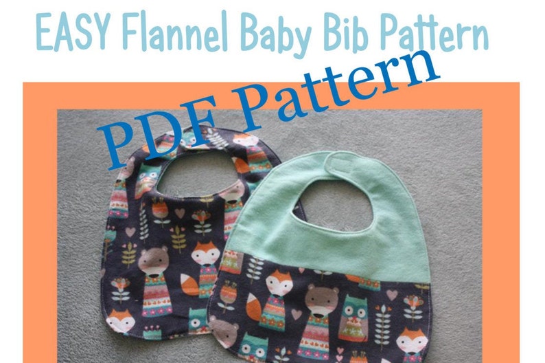 May include: Two baby bibs, one is teal green and the other is black with a colorful fox and owl print. The text "PDF Pattern" is superimposed on the image.