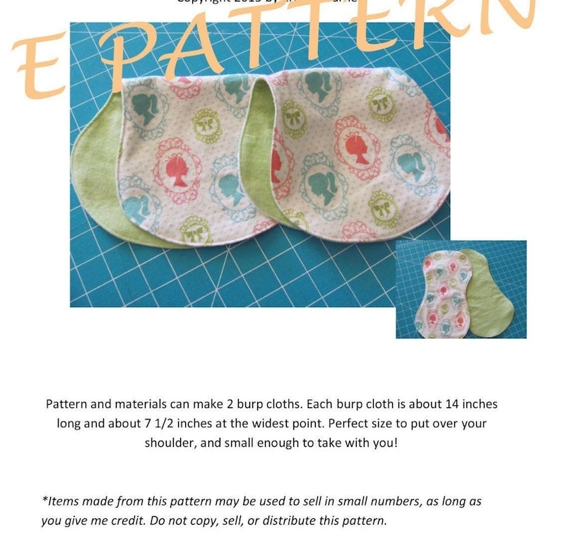 May include: Two green and white burp cloths with a pink and white floral pattern featuring a silhouette of a girl. The pattern includes the text "E PATTERN".