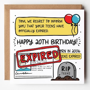 20th Birthday Card for Him: Funny Design, Personalised Son, Brother, Friend with Kraft envelope