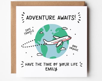 Adventure Awaits Card: Personalised Bon Voyage Travel Wishes - with Kraft envelope