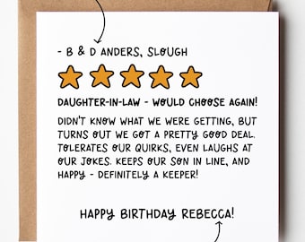 May include: A square white greeting card with a brown envelope featuring a five-star rating graphic and text that reads: B & D ANDERS, SLOUGH, DAUGHTER-IN-LAW - WOULD CHOOSE AGAIN! DIDN'T KNOW WHAT WE WERE GETTING, BUT TURNS OUT WE GOT A PRETTY GOOD DEAL. HAPPY BIRTHDAY REBECCA!