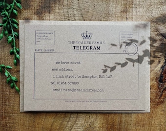 Change of Address Telegram Announcement, Personalised Change of Address, Moving Home Cards