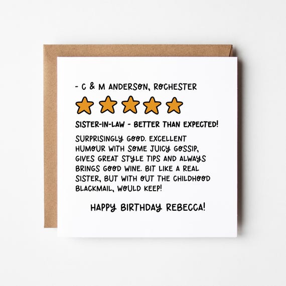 Sister In Law Birthday Card • Review Birthday Card for Sister-in-Law • Personalised Birthday Card for Sister • Funny Birthday Card •