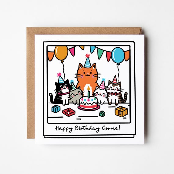 Cat Birthday Party Card: For Cat Lover, Personalised, with Krafte Envelope
