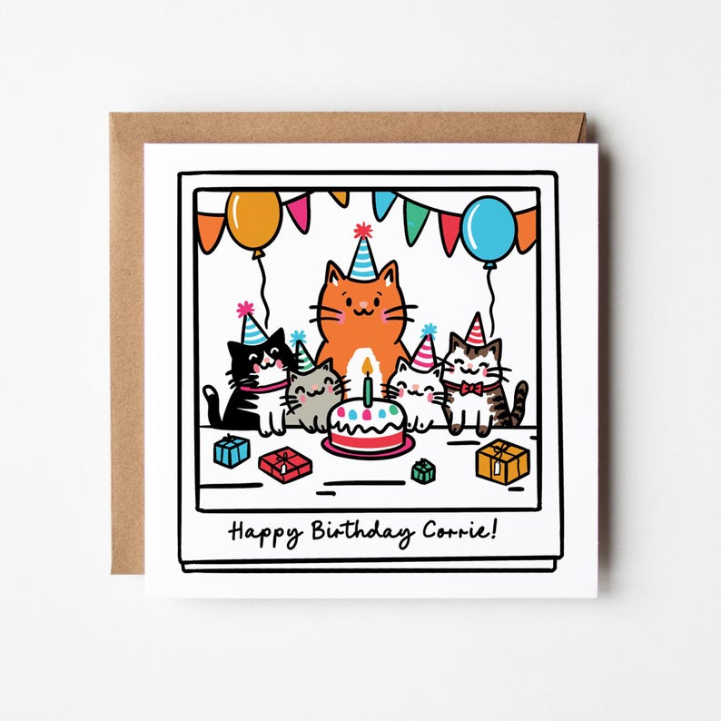 Cat Birthday Party Card: For Cat Lover, Personalised, with Krafte Envelope