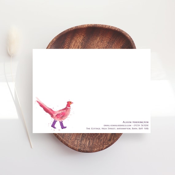Pink Pheasant Note Cards and Envelopes • Personalised Note Cards • Personalised Stationery • Pheasant in Wellies • 1st Anniversary Gift