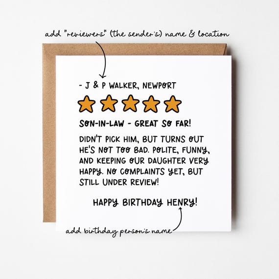 Son In Law Birthday Card • Review Birthday Card for Son-in-Law • Personalised Birthday Card for Son-In-Law • Funny Birthday Card for Him •