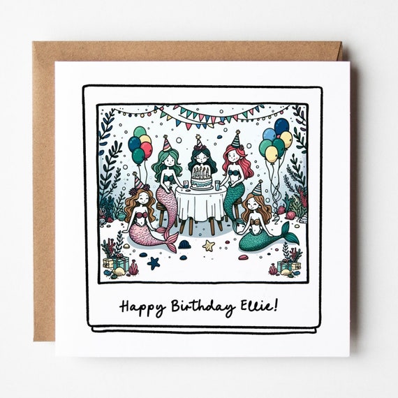 Mermaid Birthday Party Card • Mermaid Personalised Birthday Card • Mermaid Tea Party Card •