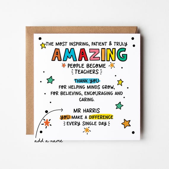 Teacher Card • Personalised Thank You Card for Teacher • Thank You Teacher Card • Teacher Appreciation Card