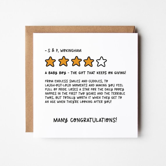 Funny New Baby Card 4 Star Review for New Parents • Personalised Funny New Baby Boy Card • Funny New Baby Girl • Congratulations New Baby •