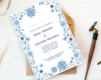 Blue and White Botanical Wedding Invitations | Scandi Delftware Wedding Invitations | Floral Wedding Invitations | Wedding Stationery